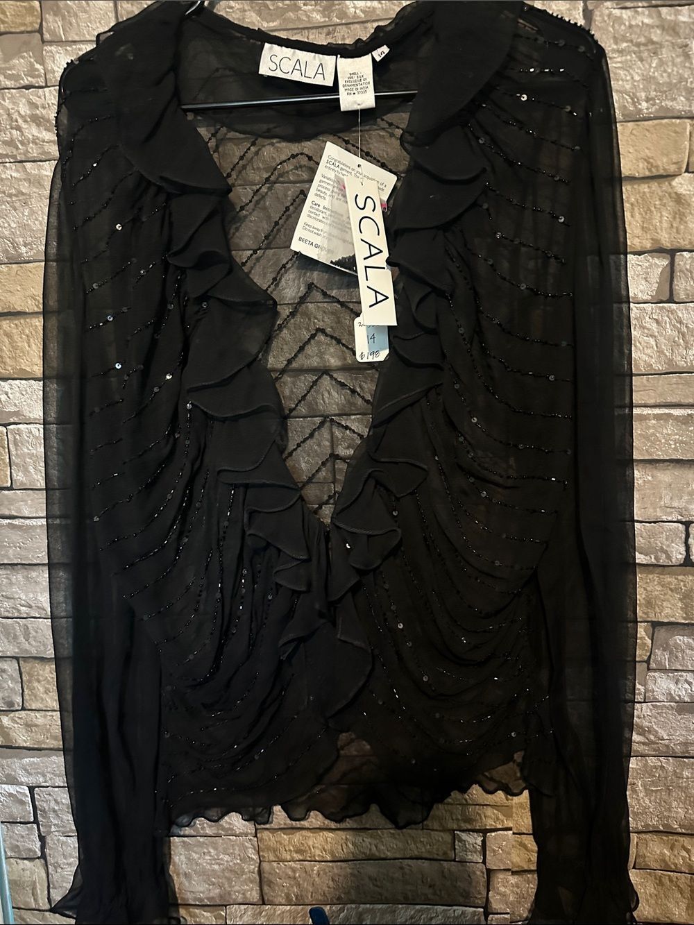 Scala Black Sheer Ruffled Sequin Blouse
